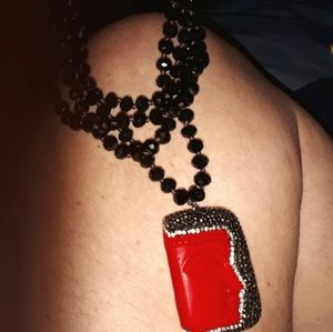 Coral Face Pendent Black Crystal Necklace